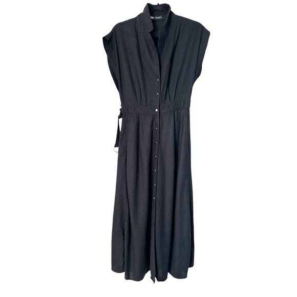 Zara Shirtdress Size M Black Linen Blend Tie Belt Lagenlook Peasant Point Collar - Picture 1 of 13